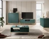 Komplettes Wohnzimmer-Möbelset in Grün mit goldenen Füßen und strukturierten Fronten.