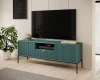 Stilvolles grünes TV-Lowboard mit schwarzen Metallbeinen und Rillenfront im Wohnzimmer.