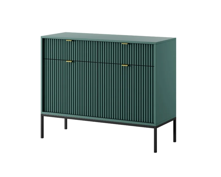 Grünes Sideboard mit vertikaler Rillenstruktur, Gold-Griffen und schwarzen Füßen.