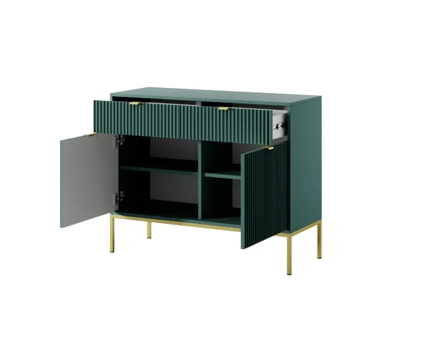 Modernes Sideboard in Grün, geriffelte Front, offene Türen und Schubladen, goldene Beine.