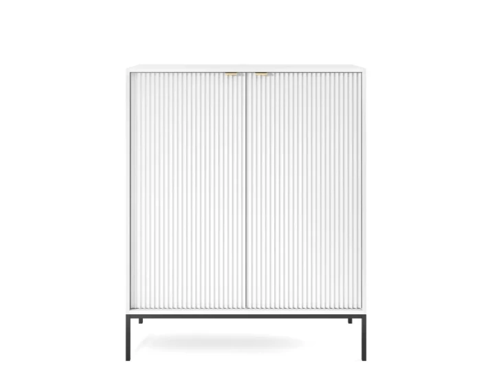 Weißes Highboard mit vertikaler Rillenstruktur und schwarzen Beinen in der Frontansicht.
