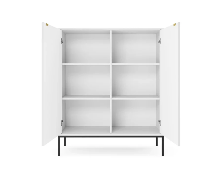 Geöffnetes weißes Highboard mit sechs Fächern zeigt den großzügigen Stauraum.