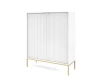 Weißes Highboard mit geriffelten Türen und goldenen Beinen in Seitenansicht.