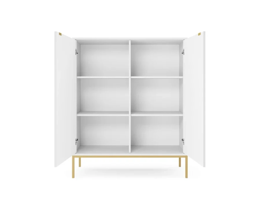 Geöffnetes weißes Highboard mit sechs geräumigen Fächern für viel Stauraum.