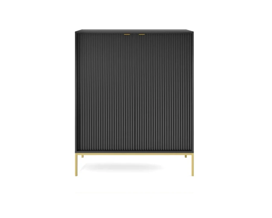Frontansicht eines schwarzen Highboards mit geriffelter Front und schmalen goldenen Beinen.