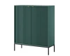 Moderner grüner Highboard-Schrank mit vertikalen Lamellen und schwarzen Metallbeinen.