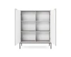 Innenansicht offener grauer Schrank mit sechs Regalfächern und schwarzen Metallfüßen.