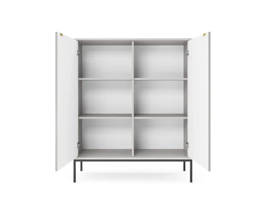 Innenansicht offener grauer Schrank mit sechs Regalfächern und schwarzen Metallfüßen.