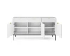 Weißes Sideboard mit schwarzen Beinen und geöffneten Türen zeigt die Innenaufteilung.