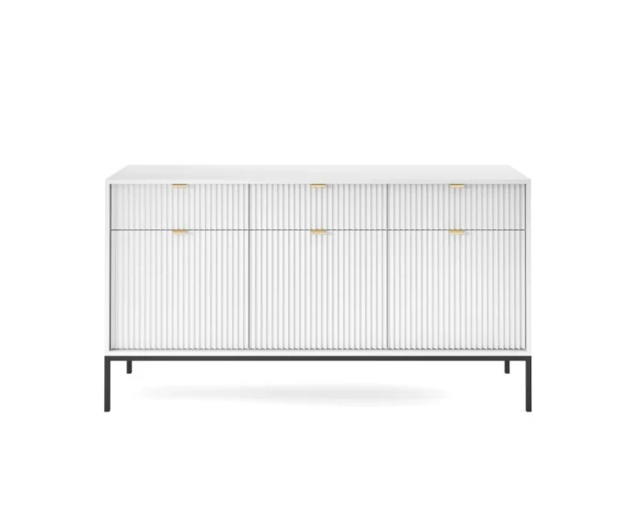 White sideboard with fluted front and black metal legs.