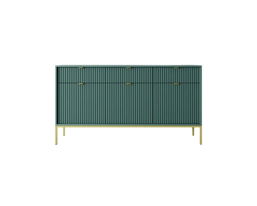 Modernes petrolfarbenes Sideboard mit vertikaler Rillenstruktur und eleganten goldenen Füßen.