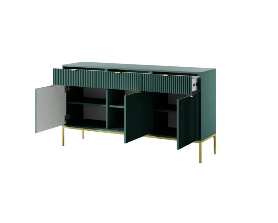 Geöffnetes petrolfarbenes Sideboard zeigt geräumige Innenfächer und Schubladen mit Rillenfront.