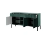 Modernes petrolfarbenes Sideboard mit schwarzen Füßen und geöffneten Türen für viel Stauraum.