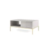Design Couchtisch hellgrau mit goldenen Füßen und strukturierter Schiebetür.