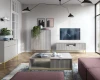 Modernes Wohnzimmer-Set mit grauen geriffelten Möbeln, Couchtisch und TV-Board.