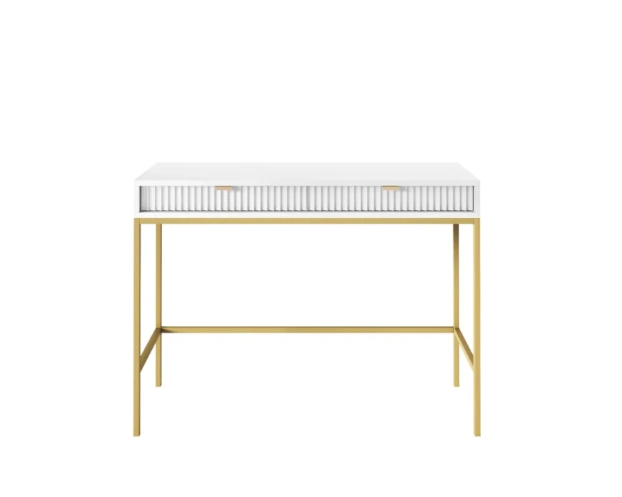 Weißer Schreibtisch mit zwei geriffelten Schubladen und goldenem Metallgestell.