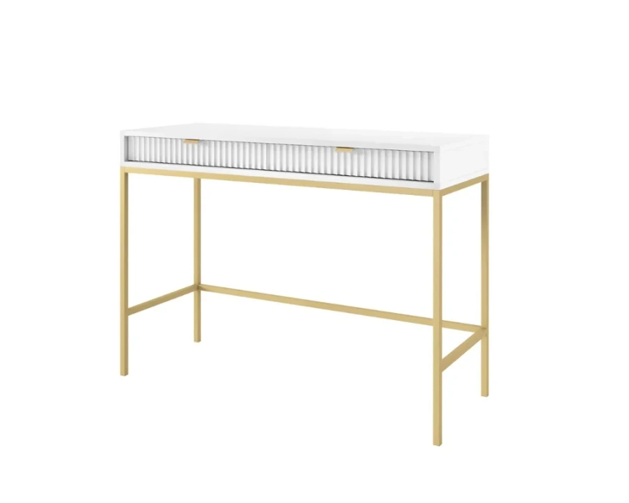 Moderner Konsolentisch in Weiß mit Gold-Akzenten und geriffelter Schubladenfront.