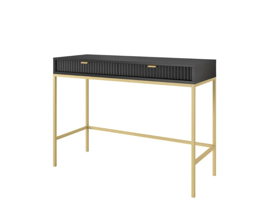 Schwarzer Konsolentisch mit goldenen Beinen und geriffelter Schubladenfront.
