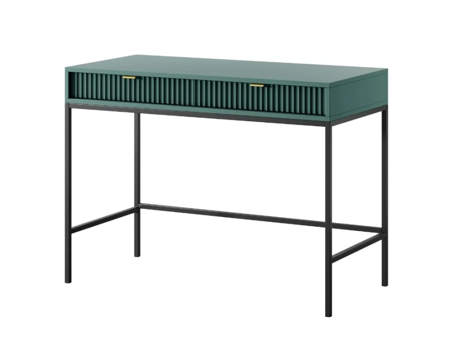 Moderner grüner Schreibtisch mit zwei Schubladen und schwarzem Metallrahmen.