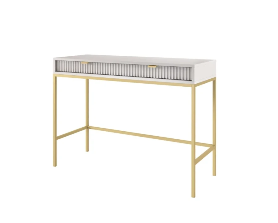 Weißer Konsolentisch mit goldenem Metallgestell und geriffelten Schubladenfronten vor weißem Hintergrund.