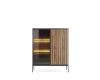 Modernes Highboard Sentio mit Lamellentür aus Holz und dunkler Glasvitrine inklusive Beleuchtung.