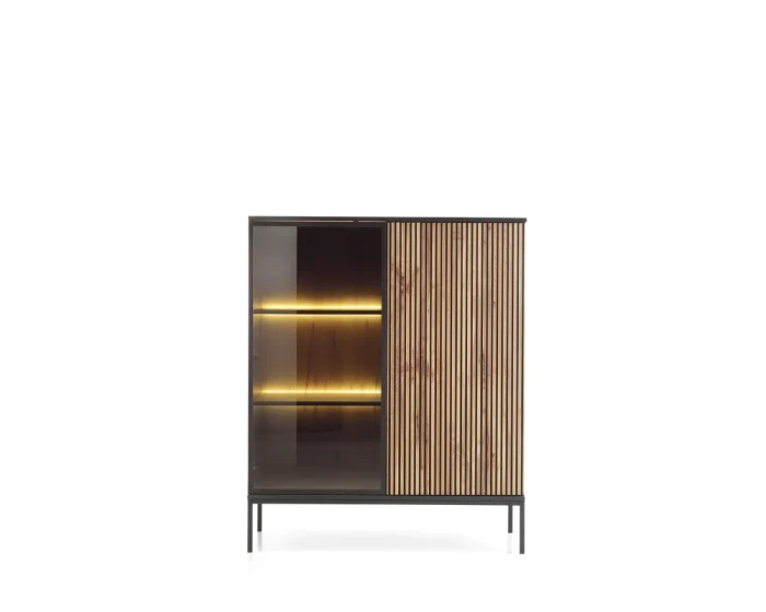 Modernes Highboard Sentio mit Lamellentür aus Holz und dunkler Glasvitrine inklusive Beleuchtung.