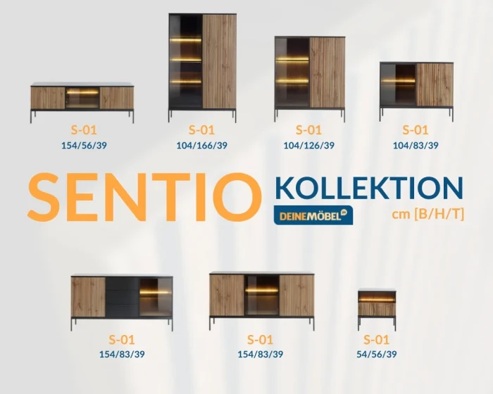 Produktübersicht der Sentio Kollektion: Verschiedene Sideboards und Highboards mit Maßen auf einen Blick.