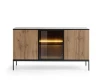 Modernes Sideboard mit Lamellen-Optik, Glastür und LED-Beleuchtung in Eiche und Schwarz.