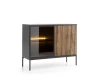 Modernes Sideboard in Schwarz mit Lamellen-Design und beleuchtetem Glasteil.