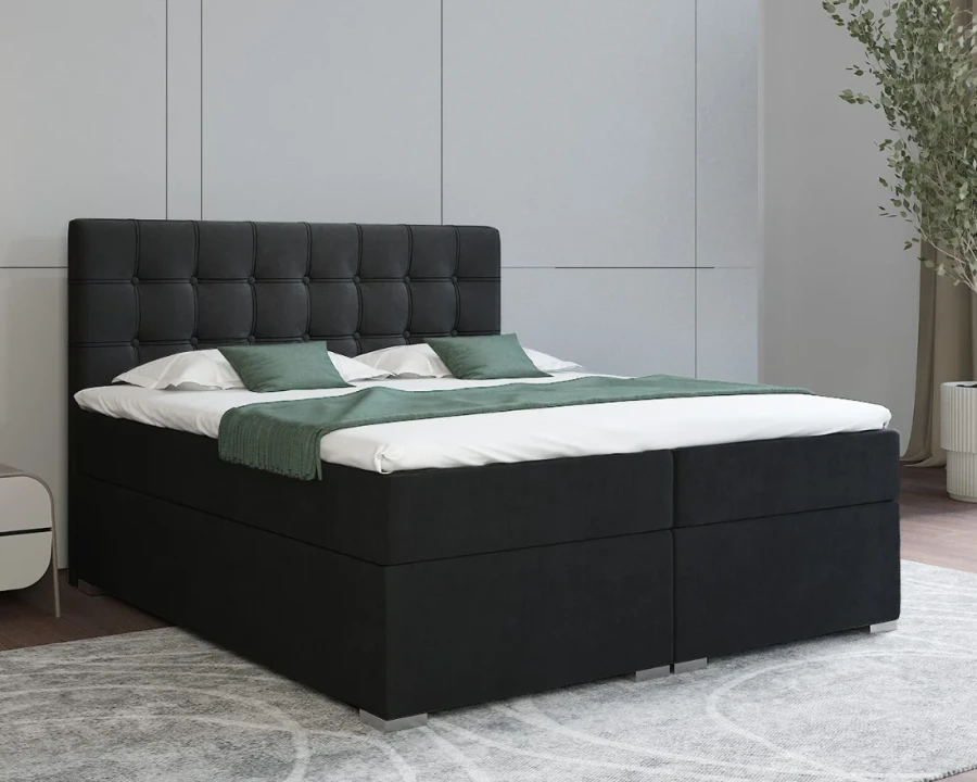 Stilvolles Boxspringbett in Schwarz mit hohem Kopfteil und Chesterfield-Steppung.