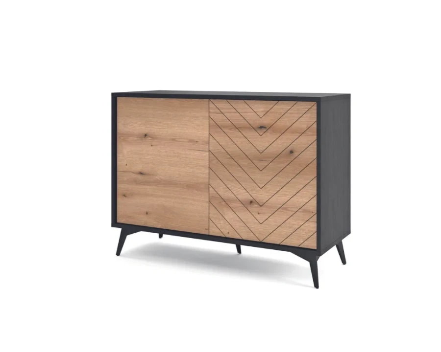 Elegantes Sideboard in Eiche-Optik mit markantem V-Muster auf der Front.
