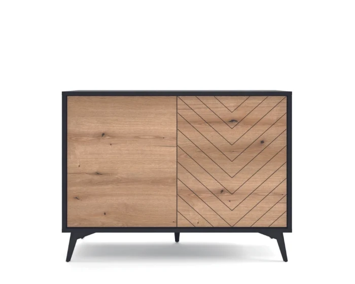 Moderne Kommode in Eiche-Schwarz-Kombination mit geometrischem Design.