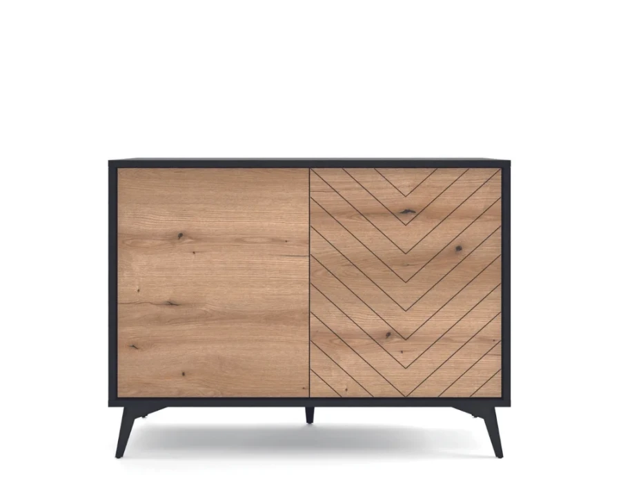 Moderne Kommode in Eiche-Schwarz-Kombination mit geometrischem Design.