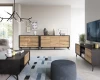 Modernes Wohnzimmer-Set mit Sideboards und TV-Lowboard in Eichenoptik und Anthrazit.