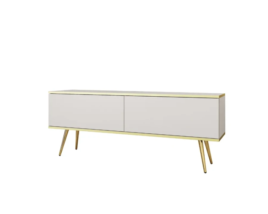 Modernes Sideboard in Hellgrau mit eleganten goldenen Akzenten und Metallbeinen.