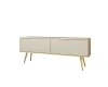 Beiger TV-Schrank mit goldenen Details und Beinen, freigestellt auf weißem Hintergrund.