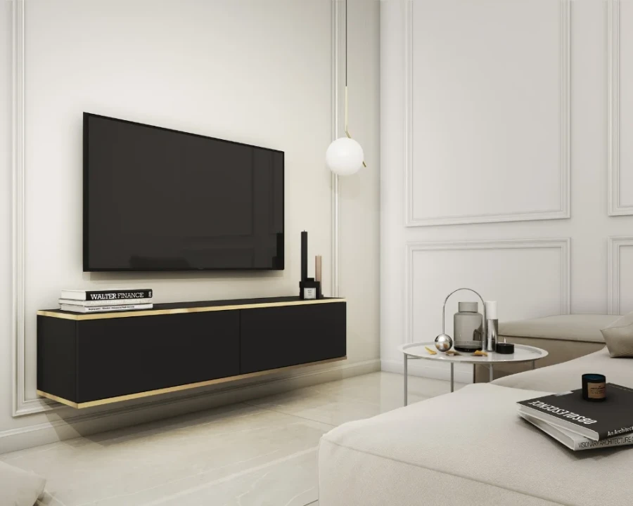 Schwebendes schwarzes TV-Board mit goldenen Akzenten in modernem, minimalistischem Wohnzimmer.