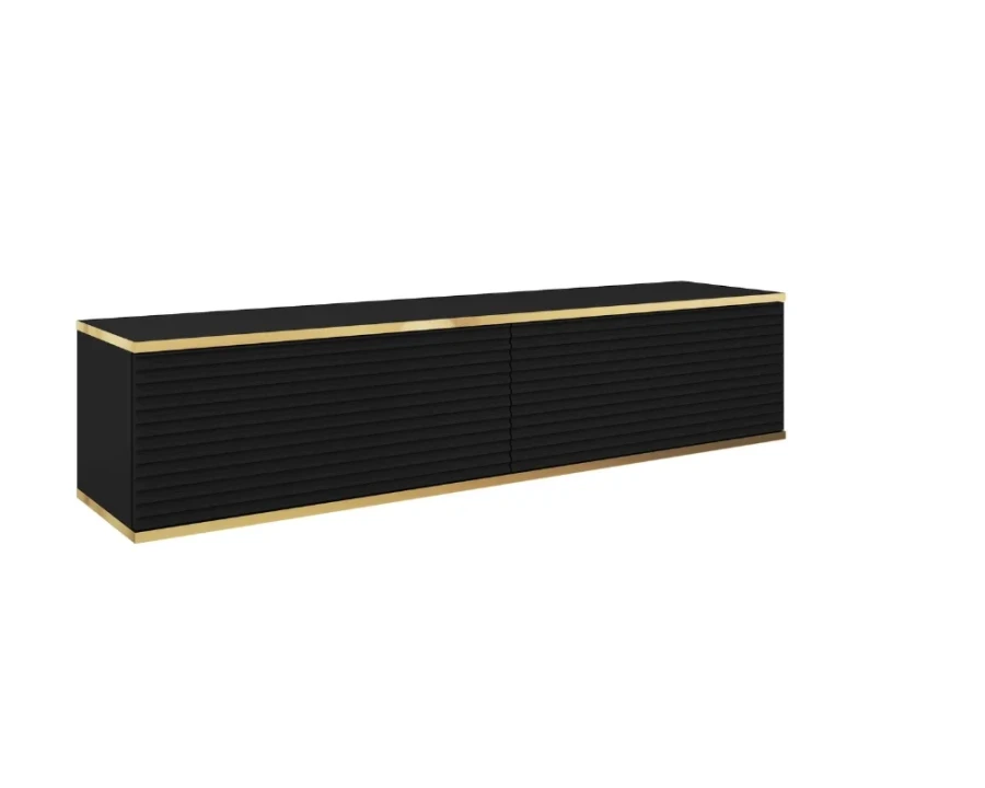 Schwarzes Lowboard mit Goldakzenten und strukturierter Front