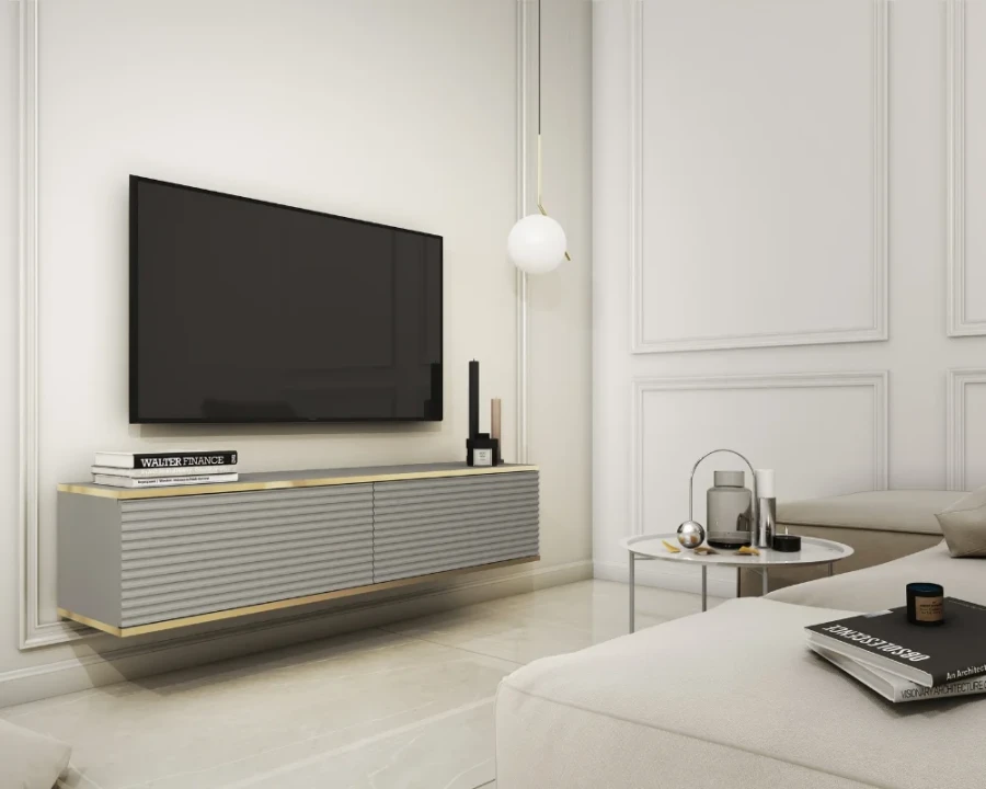Hängendes graues TV-Lowboard im modernen Wohnzimmer unter Fernseher