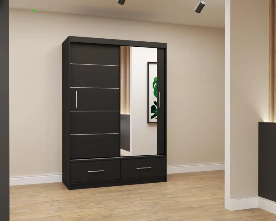 Dunkler Kleiderschrank mit Schiebetüren, Ganzkörperspiegel und zwei Schubladen im Schlafzimmer.