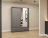 Grauer Schwebetürenschrank mit Spiegel und zwei Schubladen in einem hellen, modernen Wohnraum.