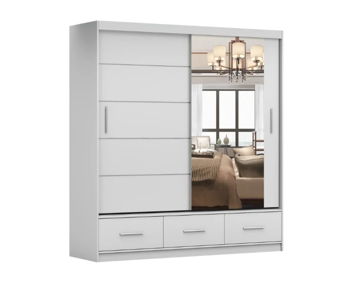 Moderner weißer Kleiderschrank mit Schiebetüren und Spiegel auf weißem Hintergrund.