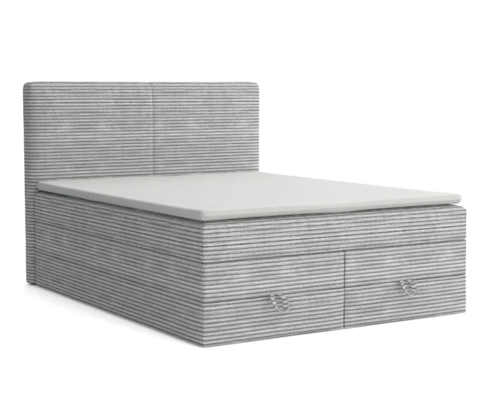 Hellgraues Boxspringbett mit strukturiertem Cord-Stoff, Kopfteil und Ausziehschubladen.