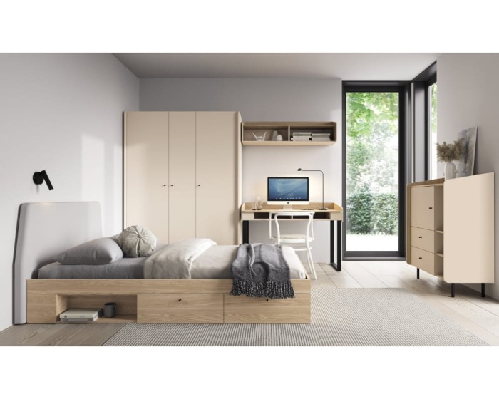 Helles Schlafzimmer-Set in Beige mit Stauraumbett, Schreibtisch und dreitürigem Schrank.