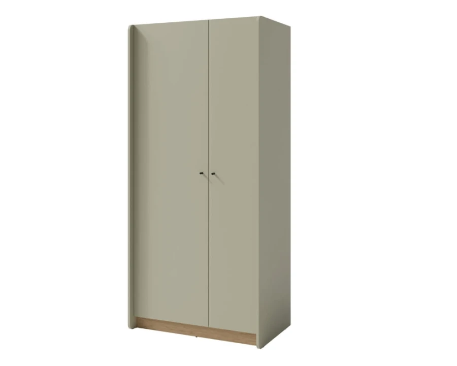 Zweitüriger Kleiderschrank in Salbeigrün mit Sockel in Eichen-Dekor aus der Albi Kollektion.