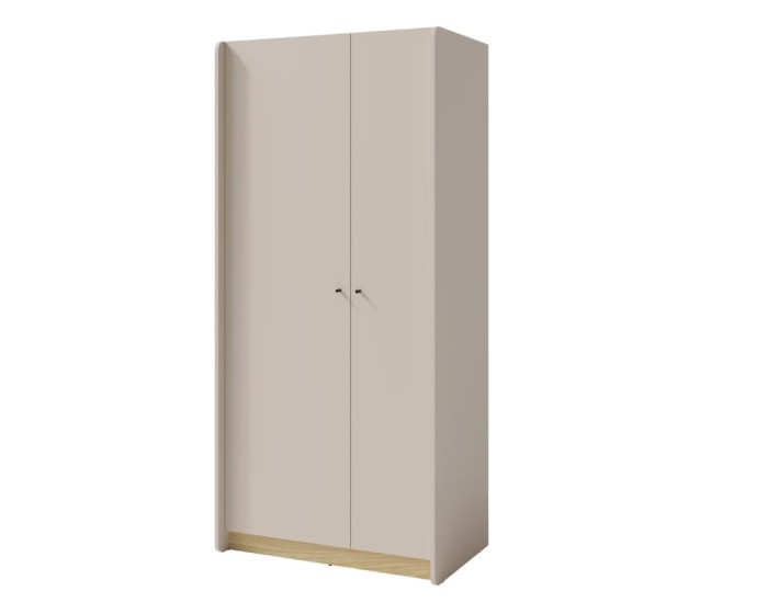 Zweitüriger Kleiderschrank in Beige mit hellem Holzsockel – modern und minimalistisch für das Schlafzimmer.