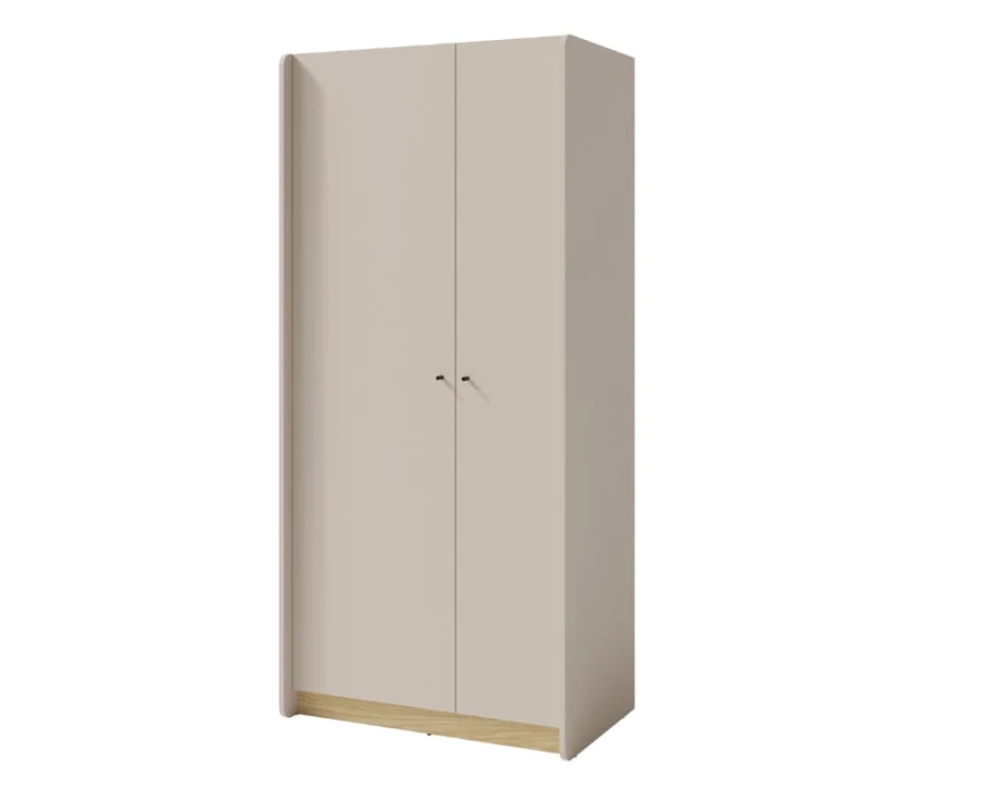 Zweitüriger Kleiderschrank in Beige mit hellem Holzsockel – modern und minimalistisch für das Schlafzimmer.