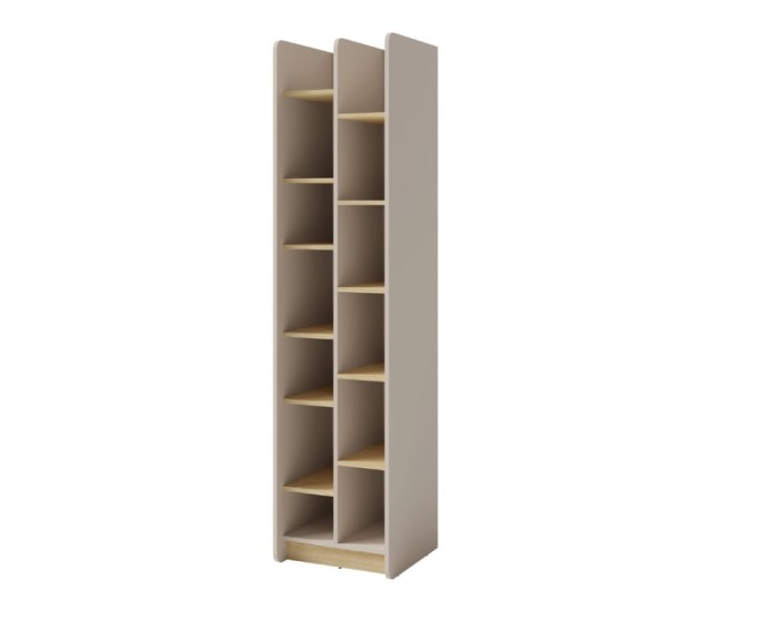 Schmales Hochregal in Beige und Eiche mit praktischen offenen Fächern für das Büro.