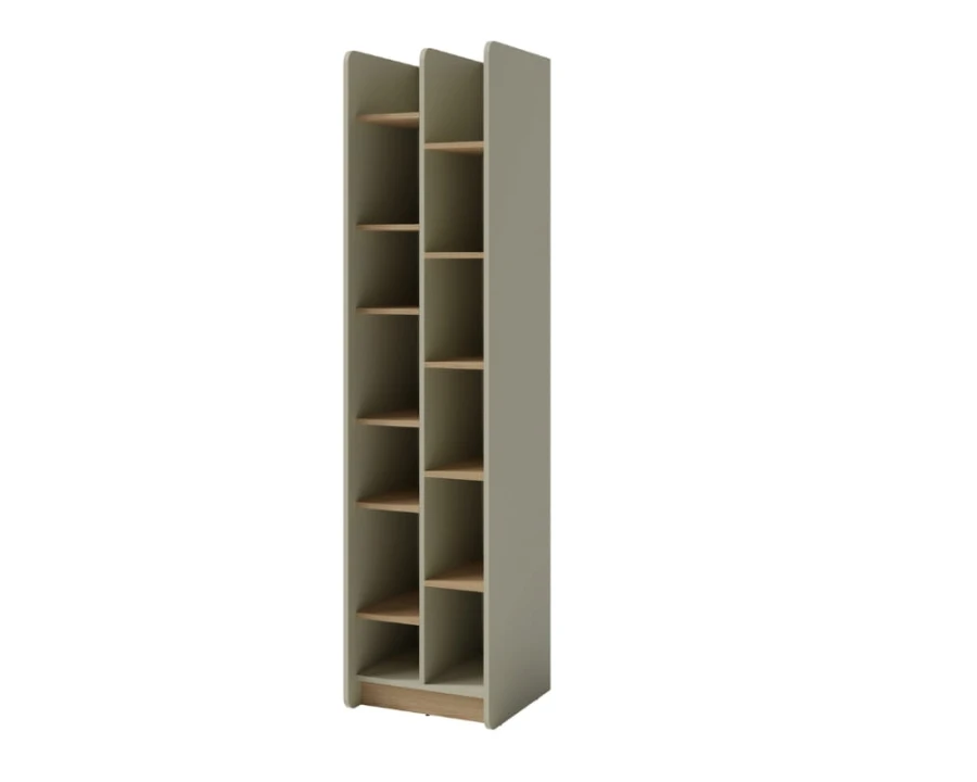 Modernes Regal in Olivgrün und Eiche-Optik, schmales Design mit viel Stauraum.