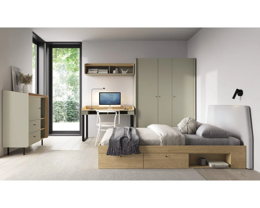 Modernes Jugendzimmer-Set inklusive Bett mit Stauraum, Schreibtisch und großem Kleiderschrank.